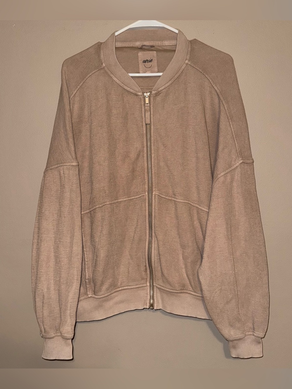 Aerie Full Zip Bomber Style Jacket/Sweatshirt Neutral Taupe 100% Cotton Medium